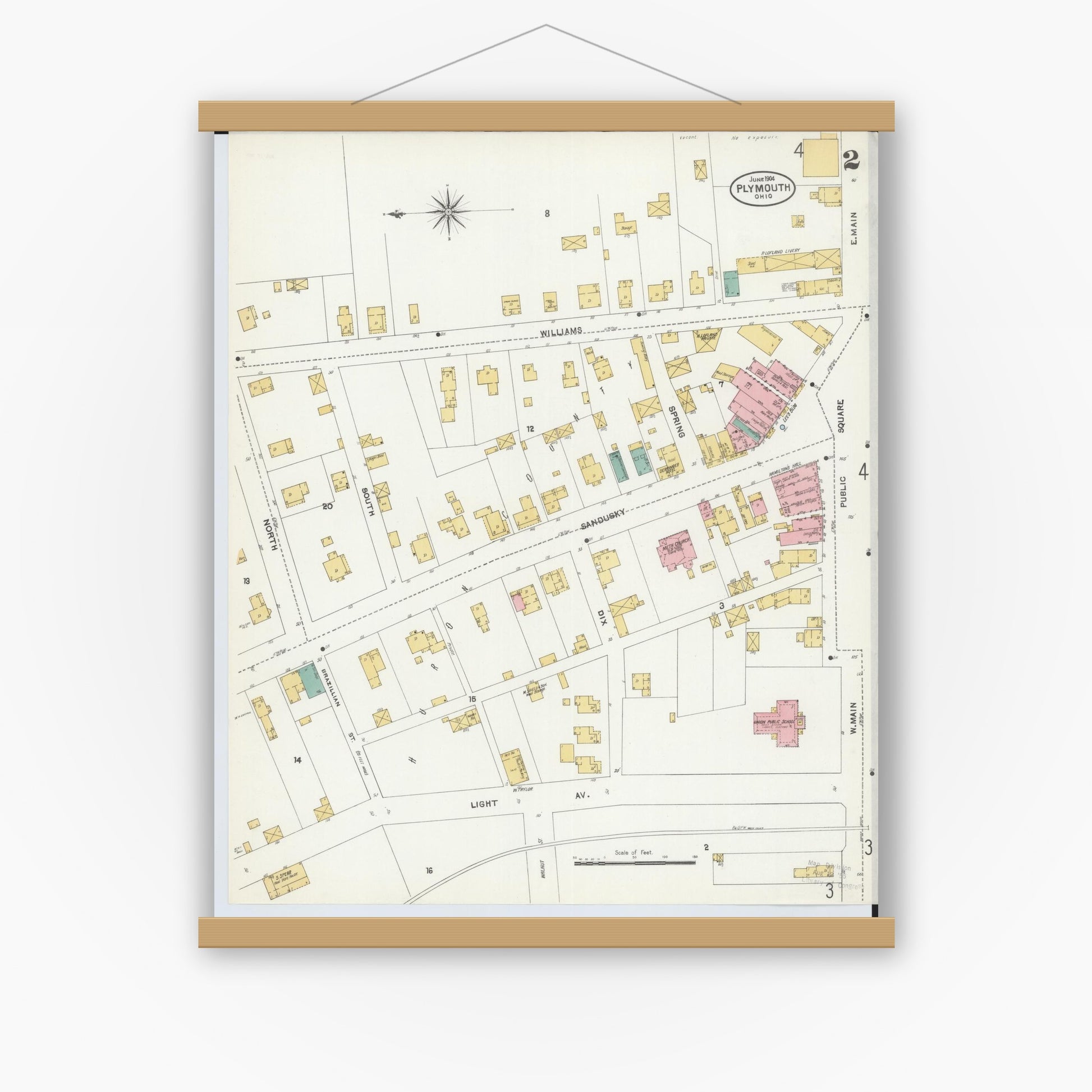 Old map wall art mockup — magnetic wood frame on white wall — Sanborn Fire Insurance Map from Plymouth, Huron And Richland Counties, Ohio (1904), Sheet #0002