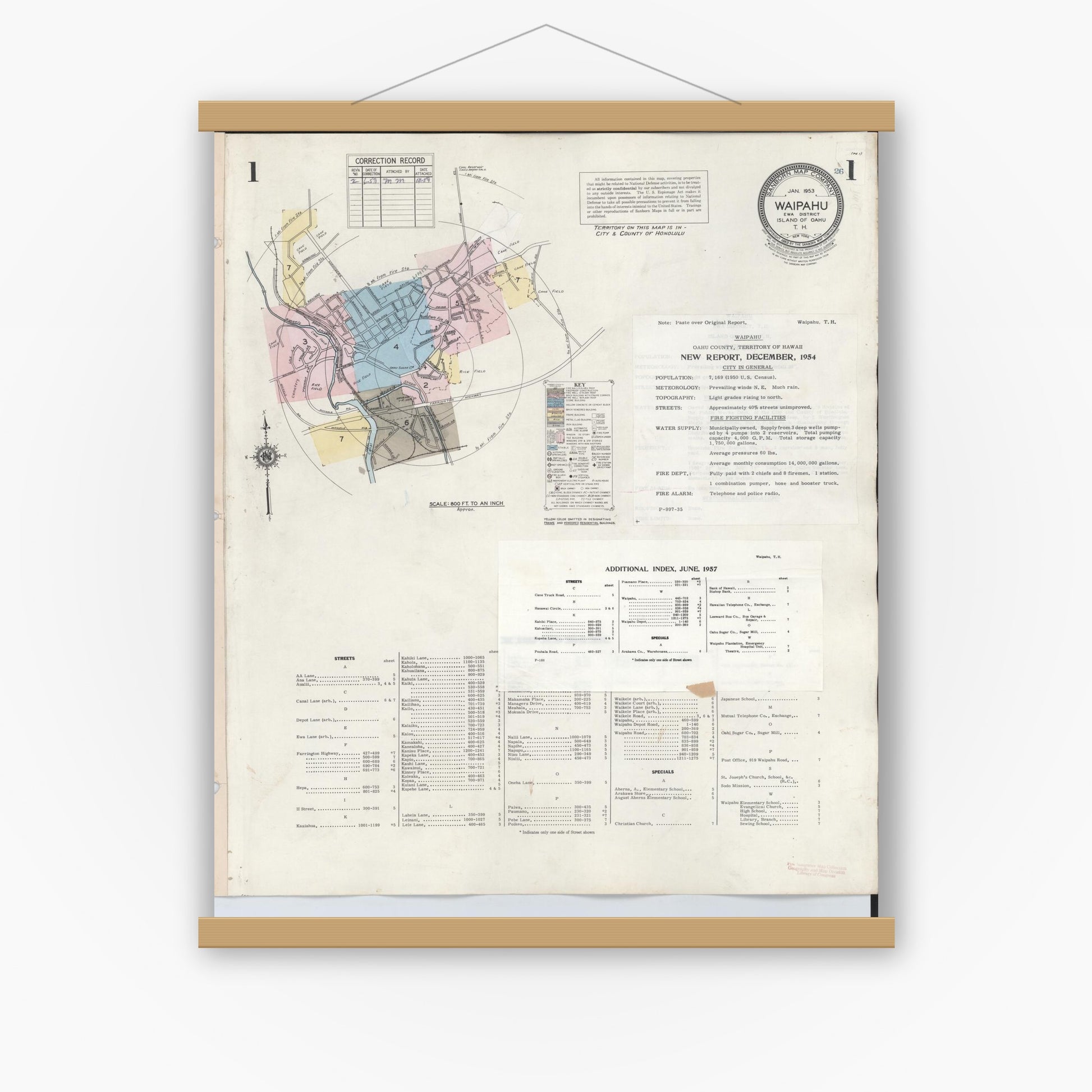 Old map wall art mockup — magnetic wood frame on white wall — Sanborn Fire Insurance Map from Waipahu, Honolulu County, Hawaii (1957), Sheet #0001