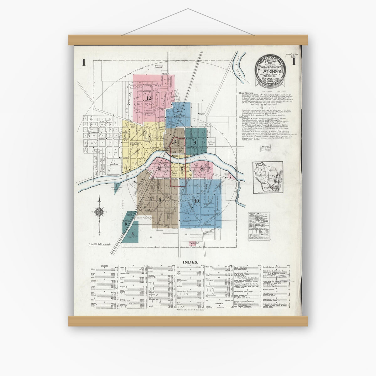 Old map wall art mockup — magnetic wood frame on white wall — Sanborn Fire Insurance Map from Fort Atkinson, Jefferson County, Wisconsin (1924) - Complete Map Set