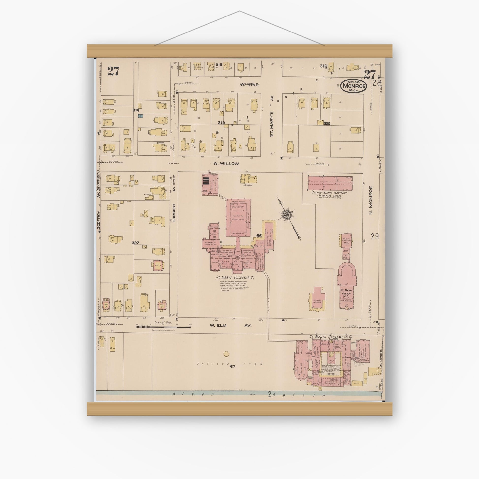 Old map wall art mockup — magnetic wood frame on white wall — Sanborn Fire Insurance Map from Monroe, Monroe County, Michigan (1922), Sheet #0027