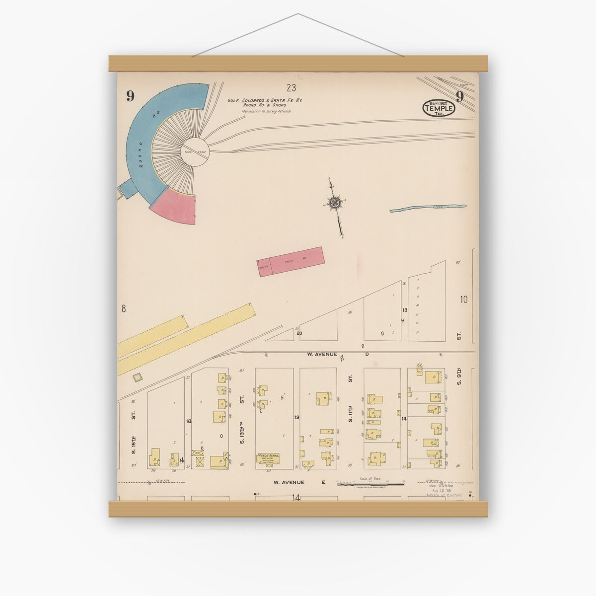 Old map wall art mockup — magnetic wood frame on white wall — Sanborn Fire Insurance Map from Temple, Bell County, Texas (1922), Sheet #0009