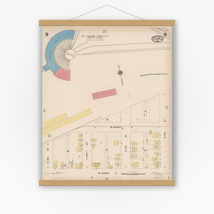 Old map wall art mockup — magnetic wood frame on white wall — Sanborn Fire Insurance Map from Temple, Bell County, Texas (1922), Sheet #0009