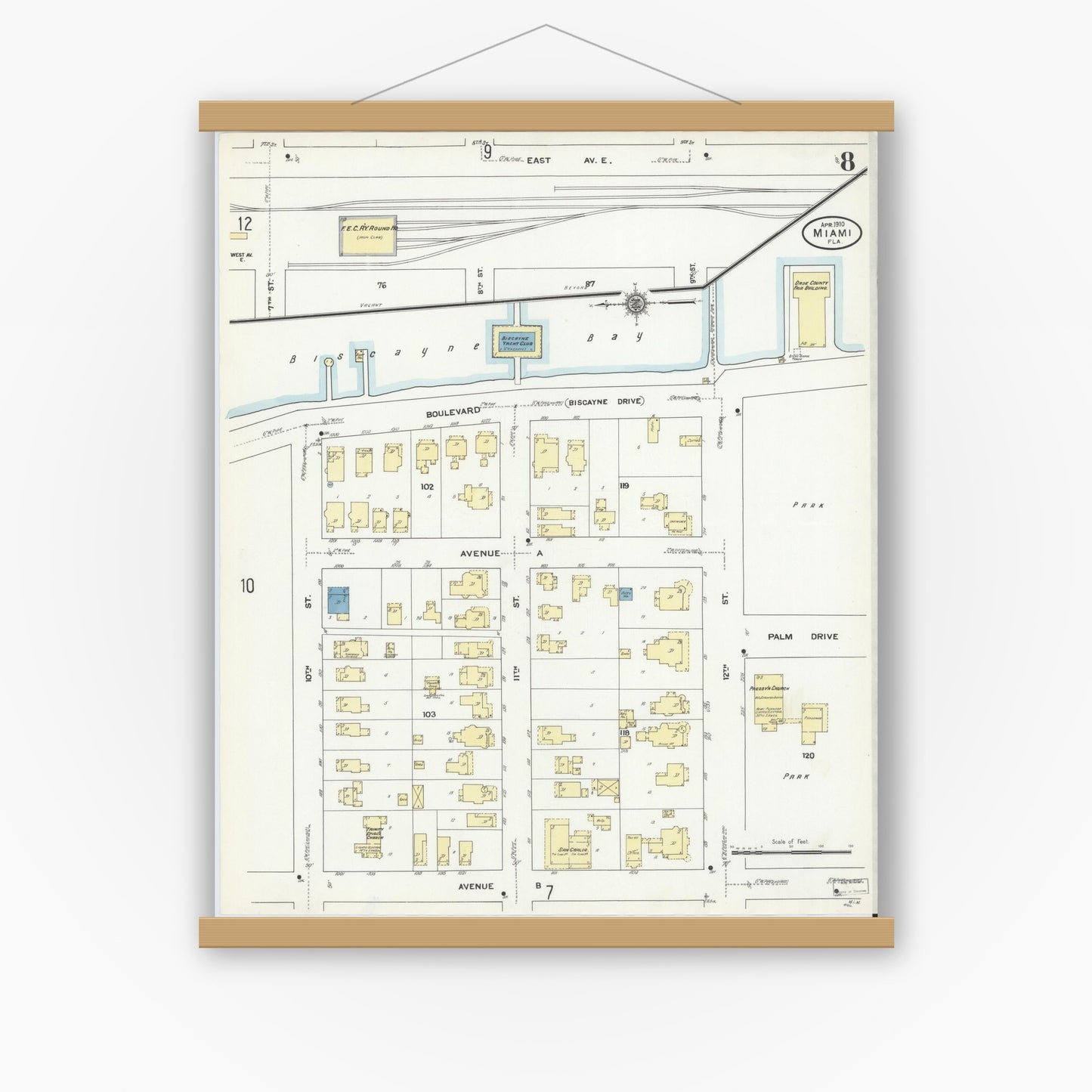 Old map wall art mockup — magnetic wood frame on white wall — Sanborn Fire Insurance Map from Miami, Dade County, Florida (1910), Sheet #0008