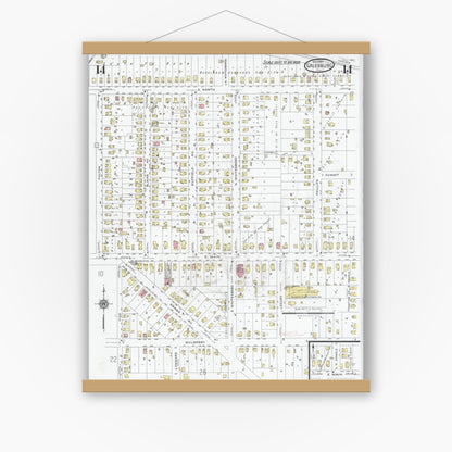 Old map wall art mockup — magnetic wood frame on white wall — Sanborn Fire Insurance Map from Galesburg, Knox County, Illinois (1927), Sheet #0014