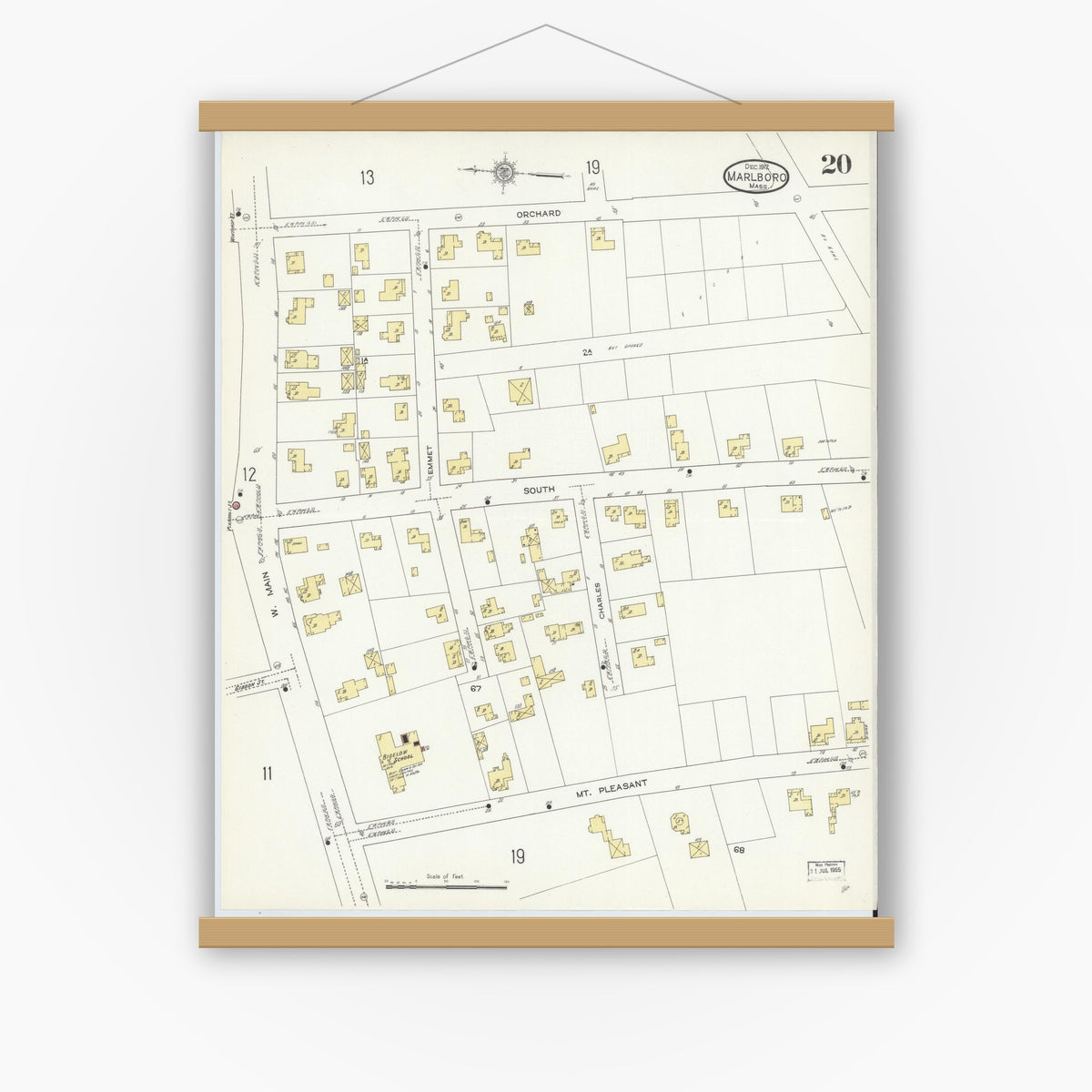 Old map wall art mockup — magnetic wood frame on white wall — Sanborn Fire Insurance Map from Marlborough, Middlesex County, Massachusetts (1912), Sheet #0020