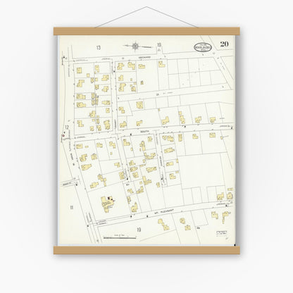 Old map wall art mockup — magnetic wood frame on white wall — Sanborn Fire Insurance Map from Marlborough, Middlesex County, Massachusetts (1912), Sheet #0020
