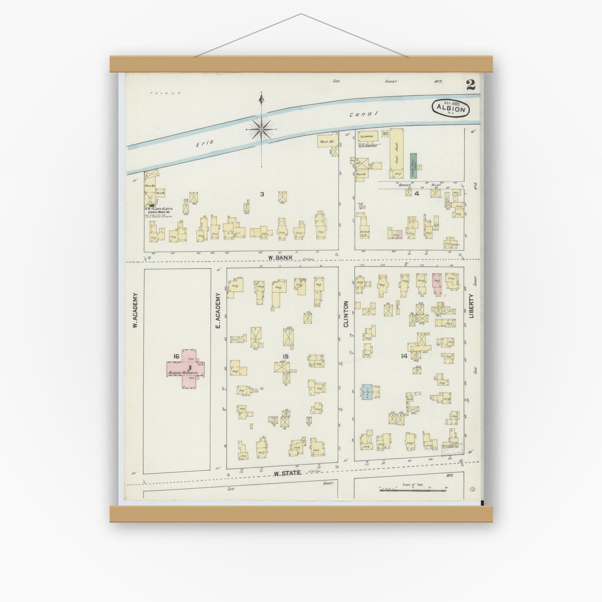 Old map wall art mockup — magnetic wood frame on white wall — Sanborn Fire Insurance Map from Albion, Orleans County, New York (1889) - Complete Map Set