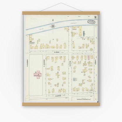 Old map wall art mockup — magnetic wood frame on white wall — Sanborn Fire Insurance Map from Albion, Orleans County, New York (1889) - Complete Map Set