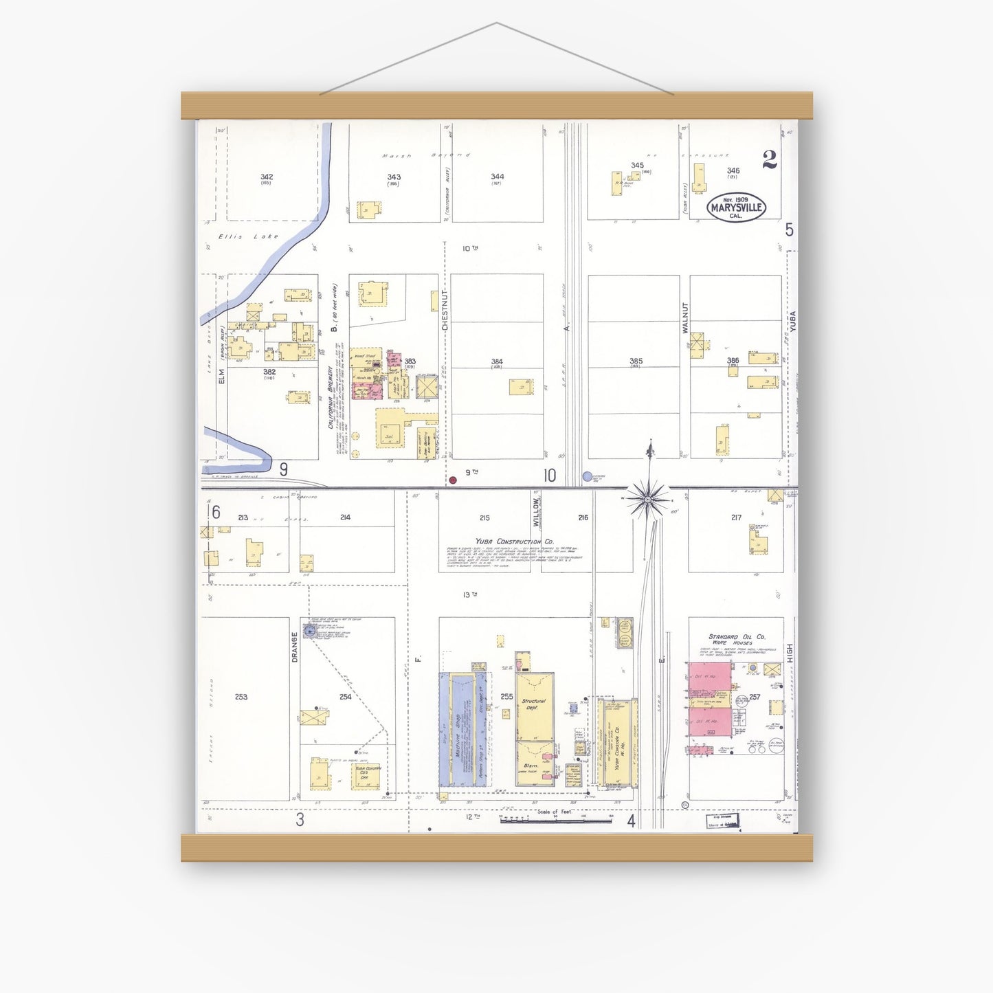 Old map wall art mockup — magnetic wood frame on white wall — Sanborn Fire Insurance Map from Marysville, Yuba County, California (1909), Sheet #0002