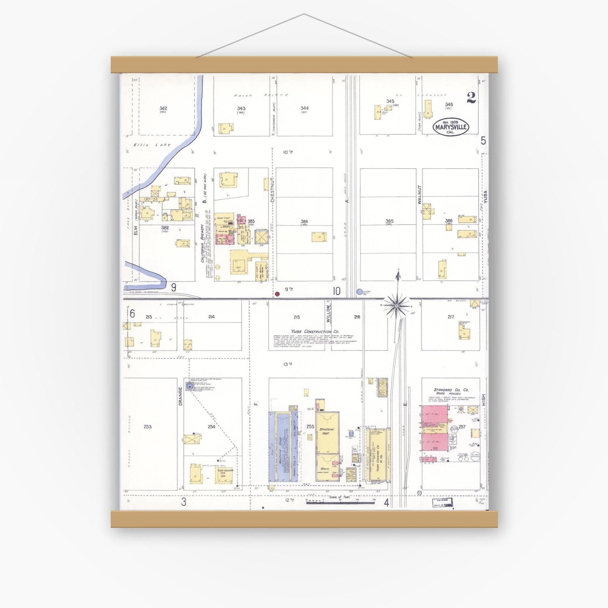 Old map wall art mockup — magnetic wood frame on white wall — Sanborn Fire Insurance Map from Marysville, Yuba County, California (1909), Sheet #0002