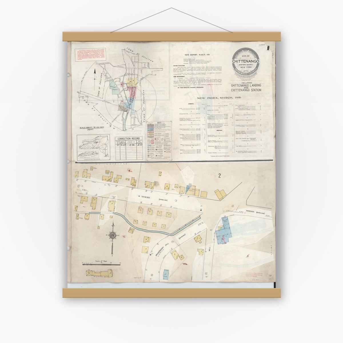 Old map wall art mockup — magnetic wood frame on white wall — Sanborn Fire Insurance Map from Chittenango, Madison County, New York (1951) - Complete Map Set
