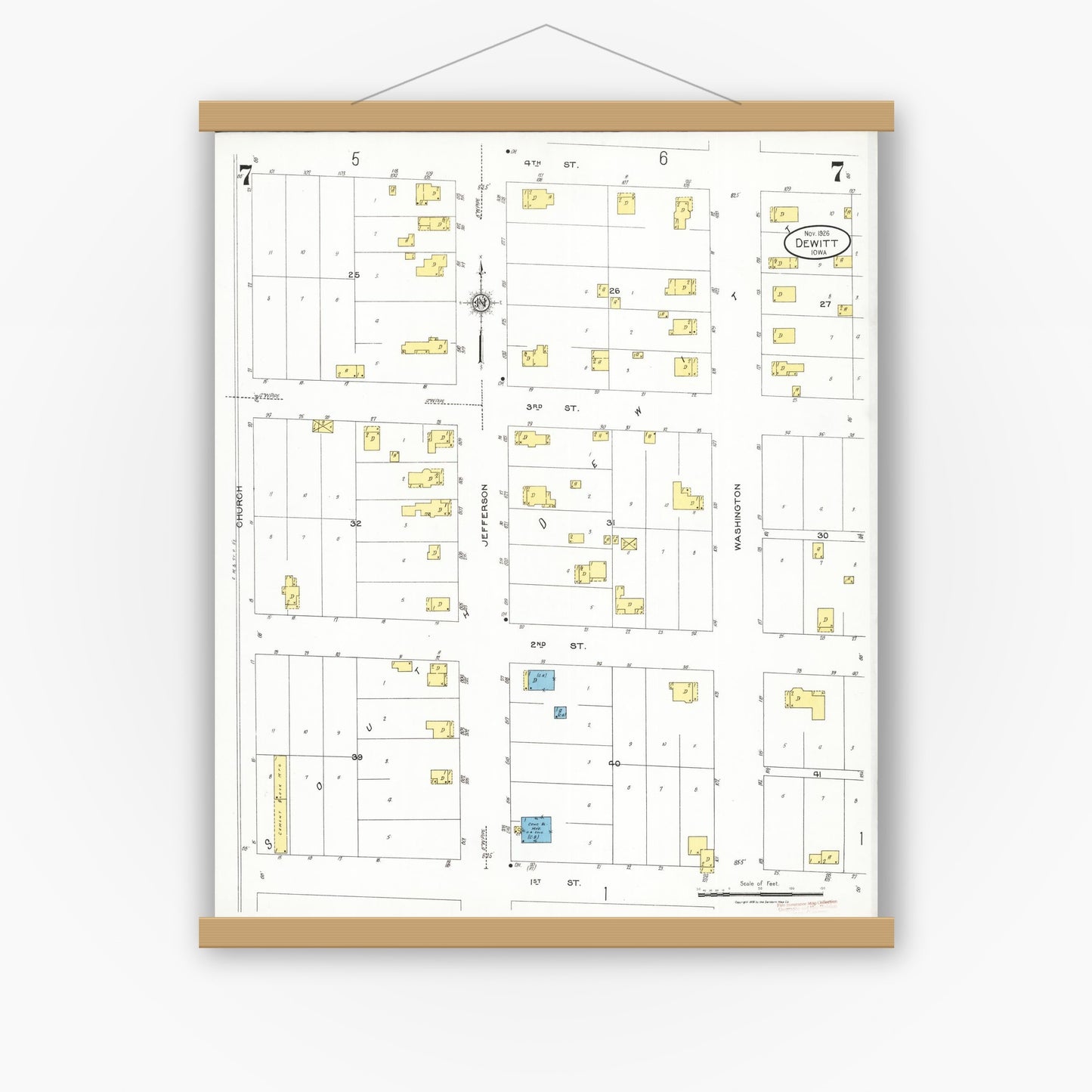 Old map wall art mockup — magnetic wood frame on white wall — Sanborn Fire Insurance Map from De Witt, Clinton County, Iowa (1926), Sheet #0007