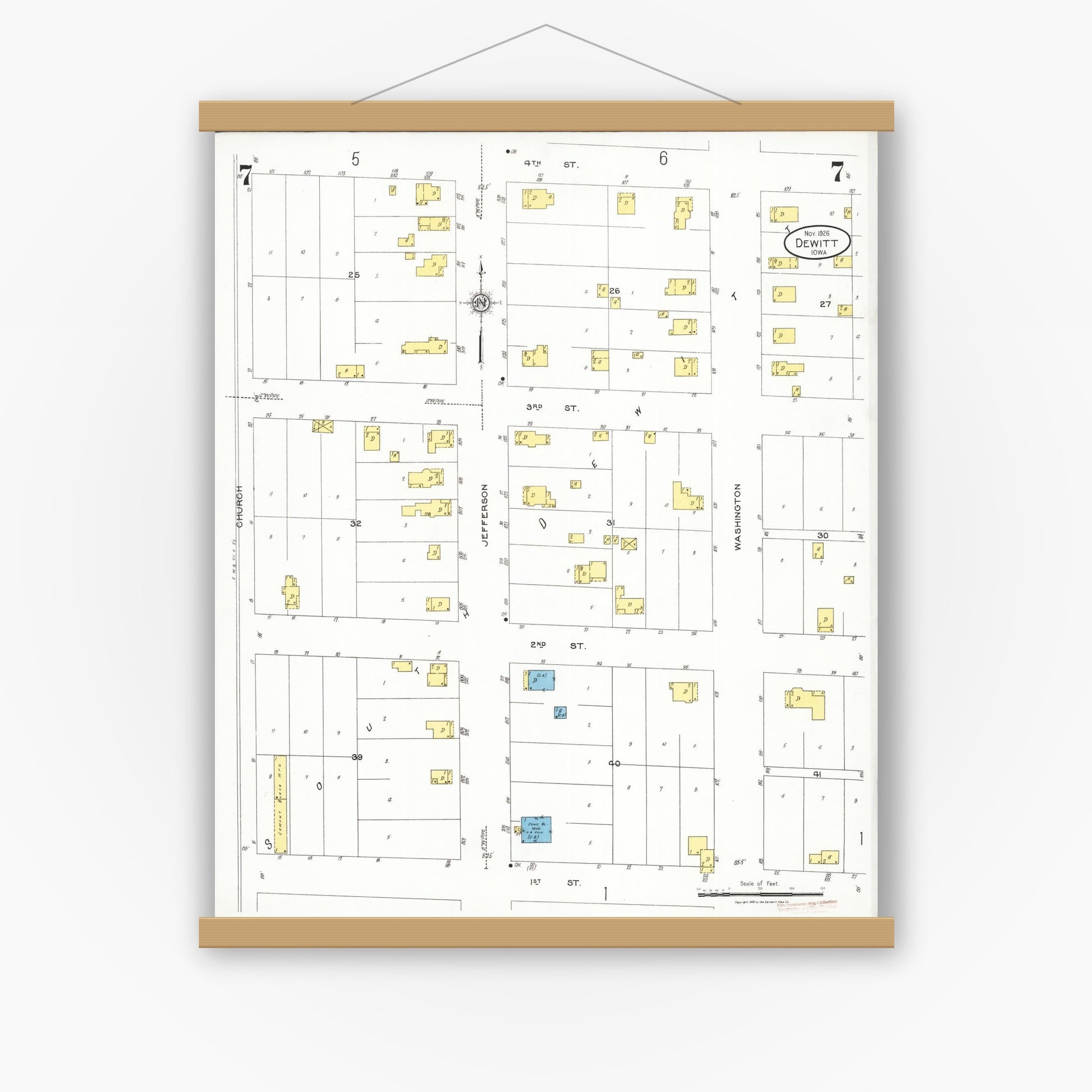 Old map wall art mockup — magnetic wood frame on white wall — Sanborn Fire Insurance Map from De Witt, Clinton County, Iowa (1926), Sheet #0007