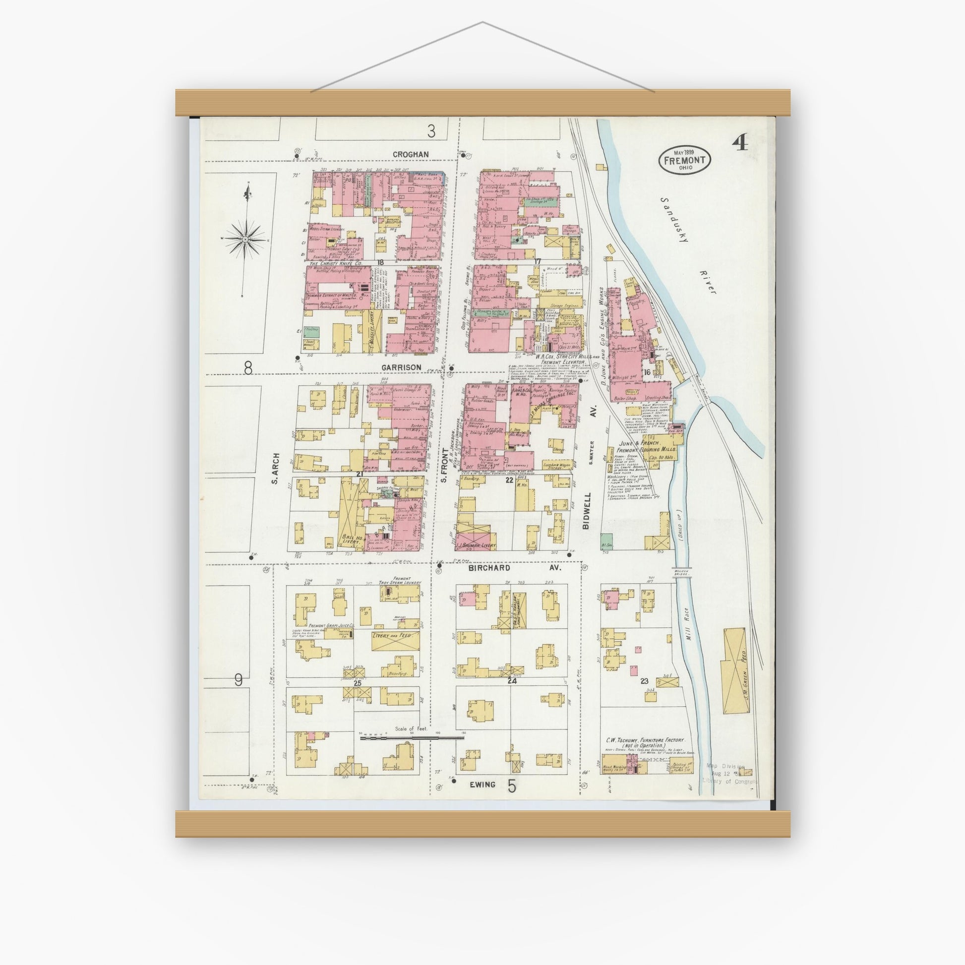 Old map wall art mockup — magnetic wood frame on white wall — Sanborn Fire Insurance Map from Fremont, Sandusky County, Ohio (1899), Sheet #0004