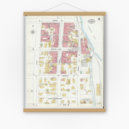 Old map wall art mockup — magnetic wood frame on white wall — Sanborn Fire Insurance Map from Fremont, Sandusky County, Ohio (1899), Sheet #0004