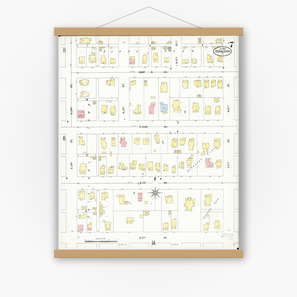 Old map wall art mockup — magnetic wood frame on white wall — Sanborn Fire Insurance Map from Oskaloosa, Mahaska County, Iowa (1902), Sheet #0007