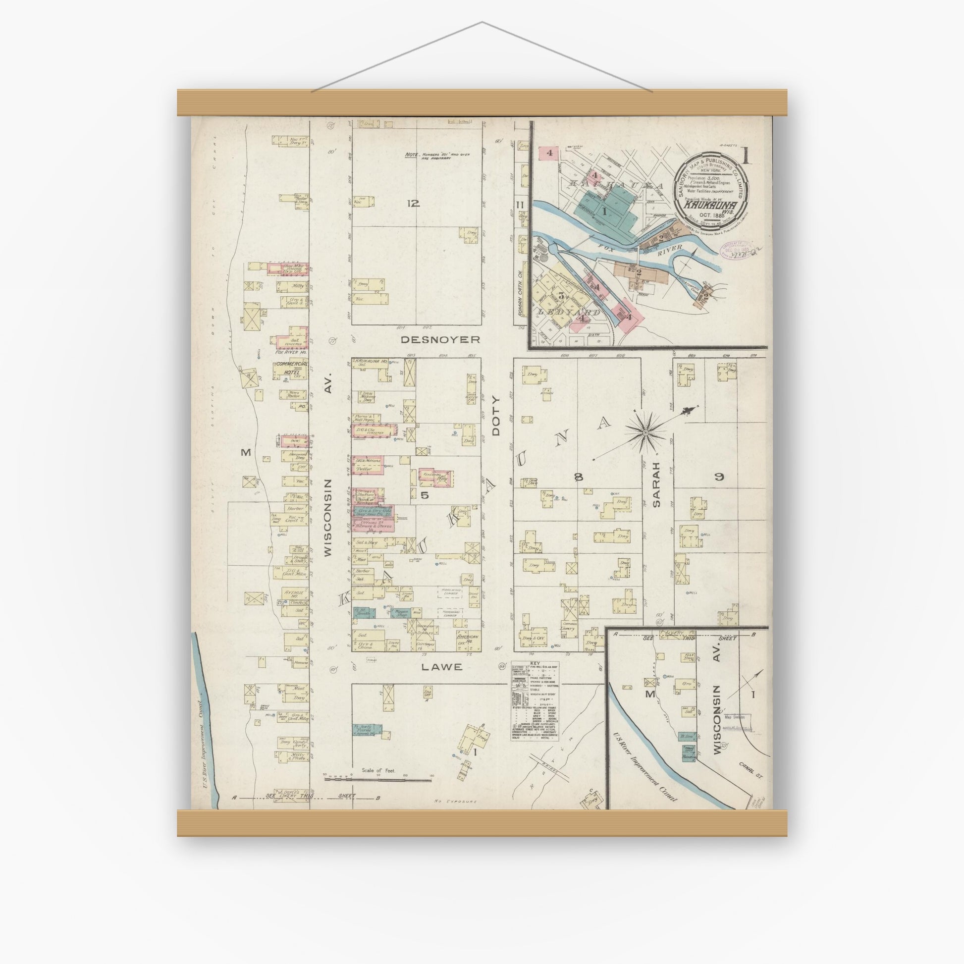 Old map wall art mockup — magnetic wood frame on white wall — Sanborn Fire Insurance Map from Kaukauna, Outagamie County, Wisconsin (1885) - Complete Map Set