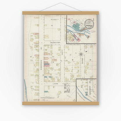 Old map wall art mockup — magnetic wood frame on white wall — Sanborn Fire Insurance Map from Kaukauna, Outagamie County, Wisconsin (1885) - Complete Map Set