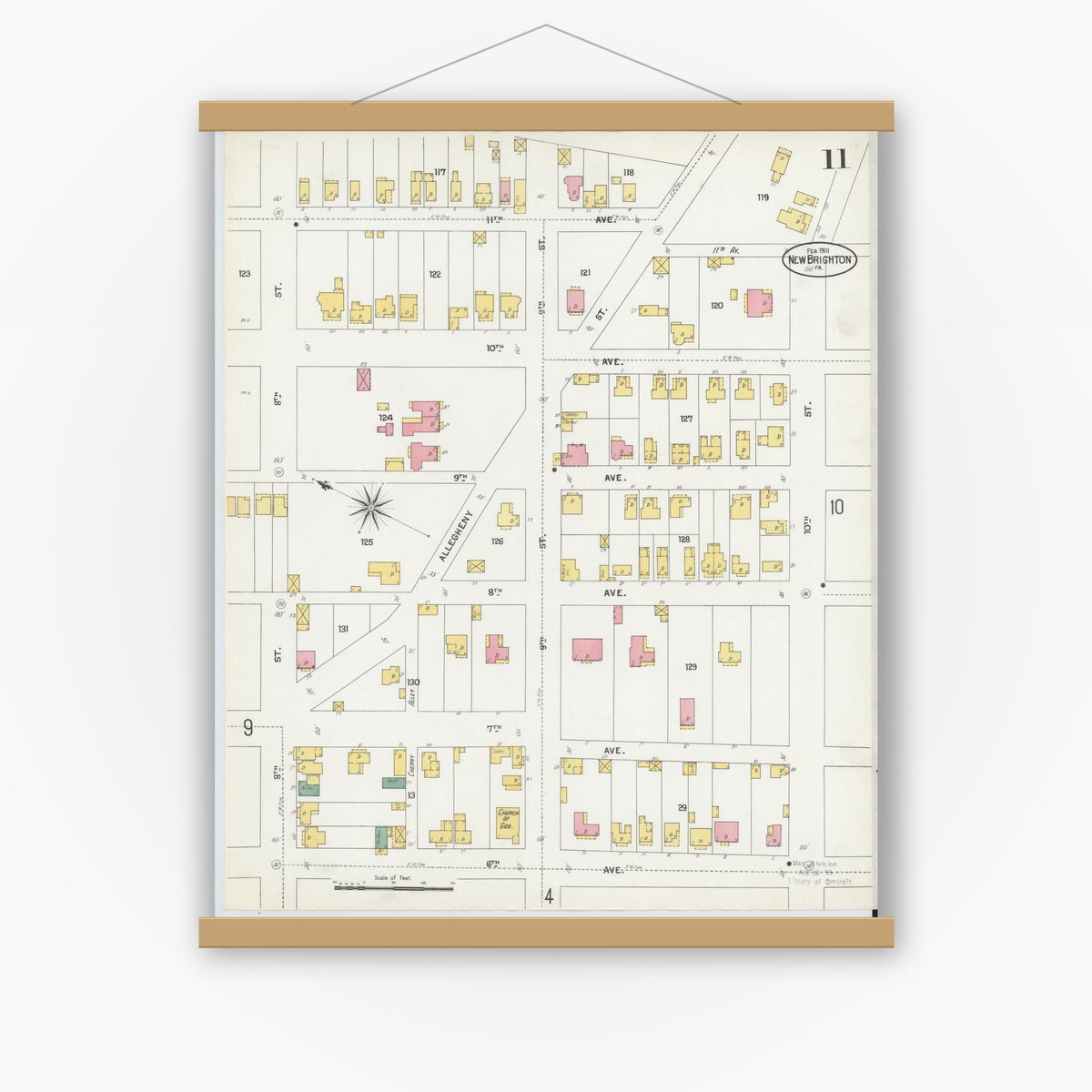 Old map wall art mockup — magnetic wood frame on white wall — Sanborn Fire Insurance Map from New Brighton, Beaver County, Pennsylvania (1901), Sheet #0011