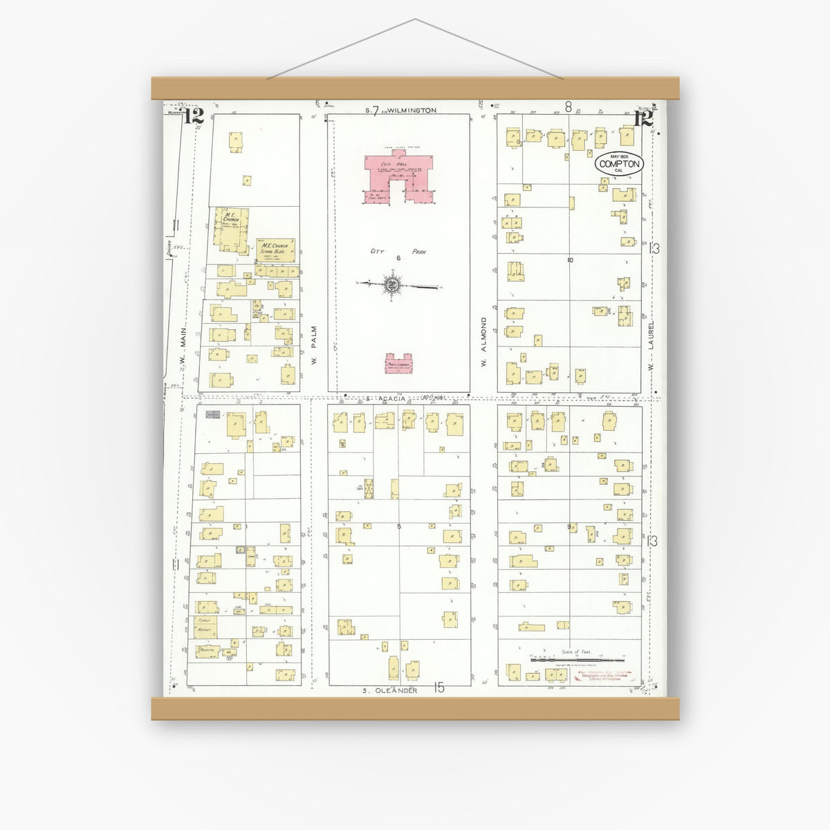 Old map wall art mockup — magnetic wood frame on white wall — Sanborn Fire Insurance Map from Compton, Los Angeles County, California (1925), Sheet #0012