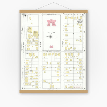 Old map wall art mockup — magnetic wood frame on white wall — Sanborn Fire Insurance Map from Compton, Los Angeles County, California (1925), Sheet #0012
