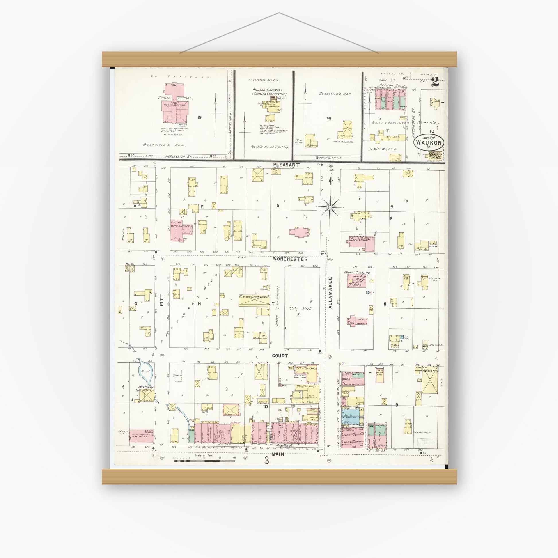 Old map wall art mockup — magnetic wood frame on white wall — Sanborn Fire Insurance Map from Waukon, Allamakee County, Iowa (1897), Sheet #0002