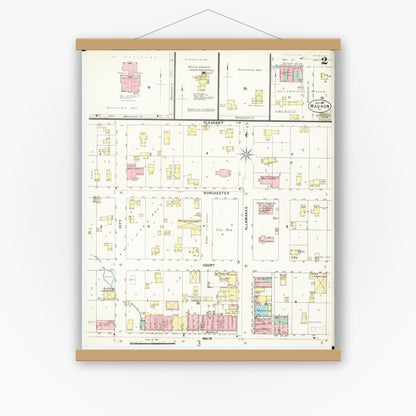Old map wall art mockup — magnetic wood frame on white wall — Sanborn Fire Insurance Map from Waukon, Allamakee County, Iowa (1897), Sheet #0002
