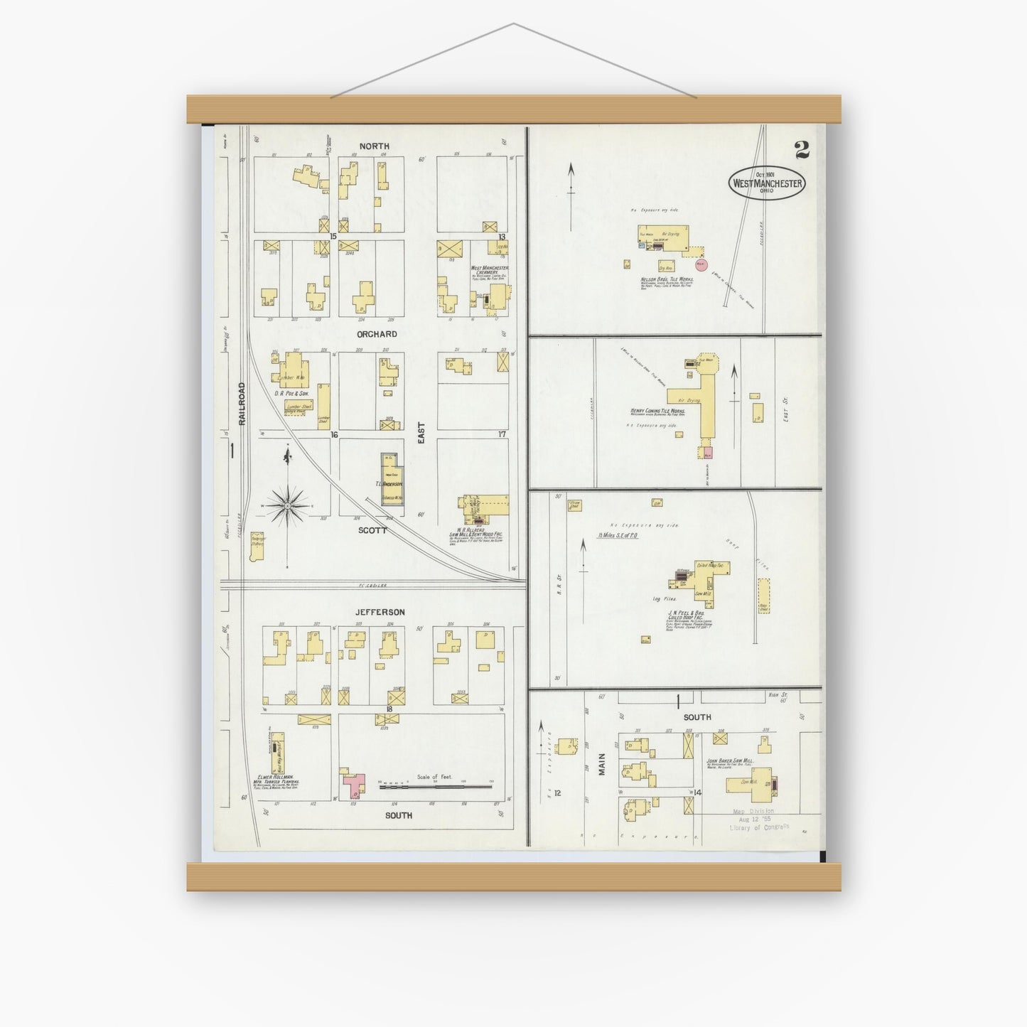Old map wall art mockup — magnetic wood frame on white wall — Sanborn Fire Insurance Map from West Manchester, Preble County, Ohio (1901), Sheet #0002