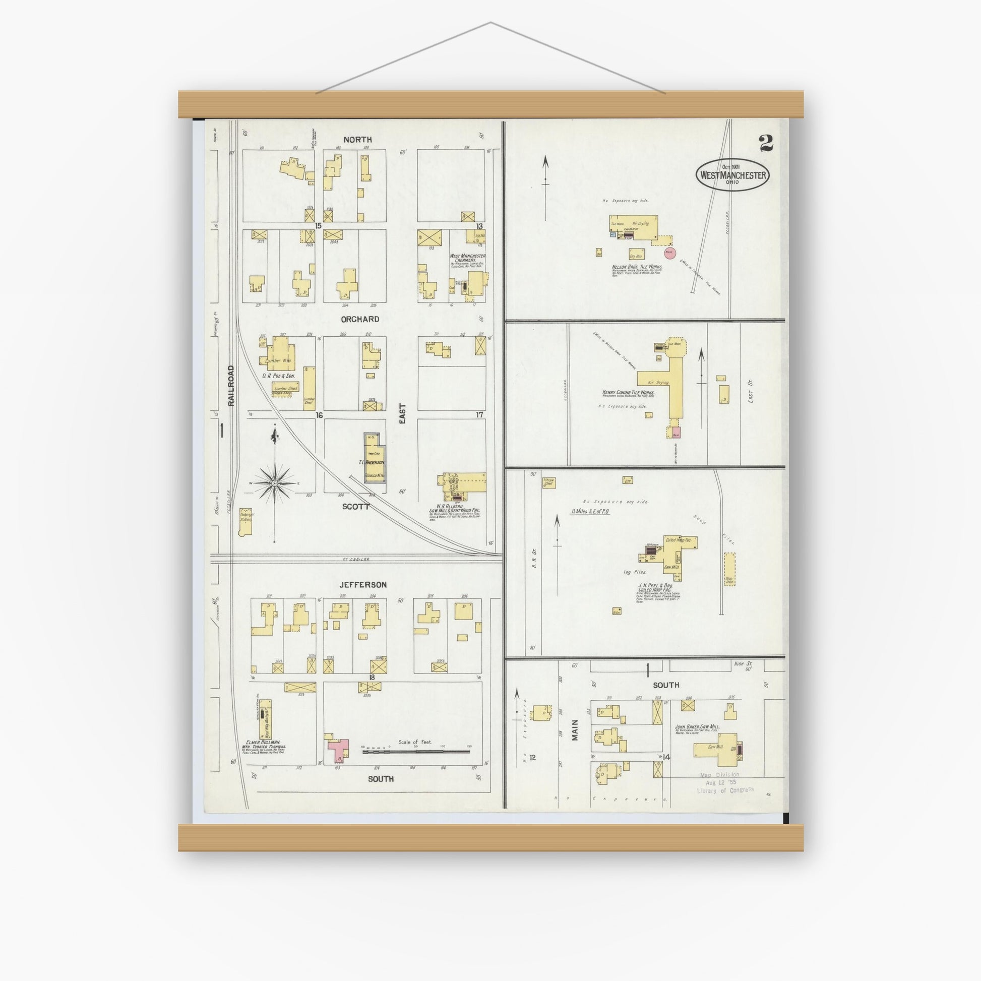 Old map wall art mockup — magnetic wood frame on white wall — Sanborn Fire Insurance Map from West Manchester, Preble County, Ohio (1901), Sheet #0002