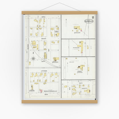Old map wall art mockup — magnetic wood frame on white wall — Sanborn Fire Insurance Map from West Manchester, Preble County, Ohio (1901), Sheet #0002