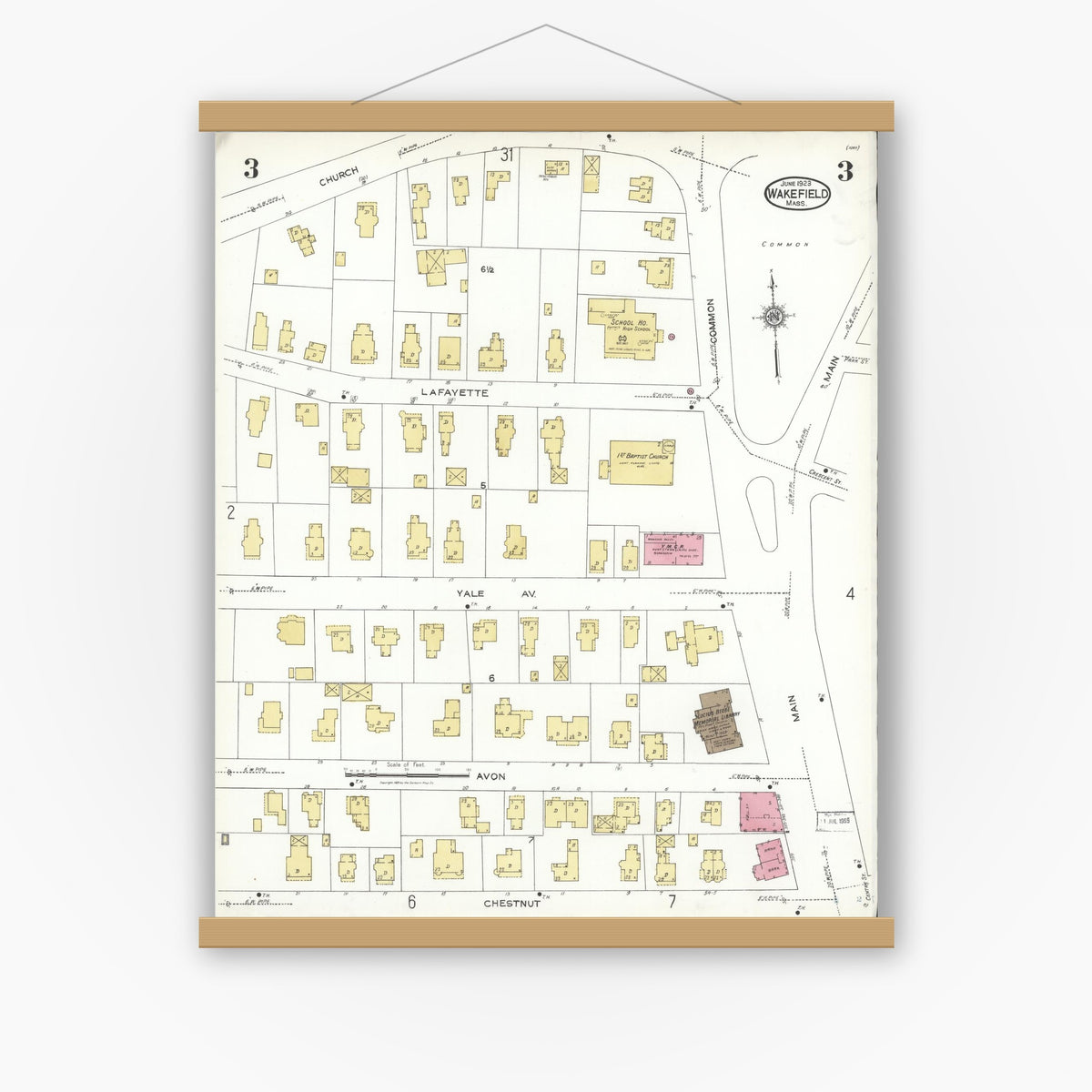 Old map wall art mockup — magnetic wood frame on white wall — Sanborn Fire Insurance Map from Wakefield, Middlesex County, Massachusetts (1923), Sheet #0003