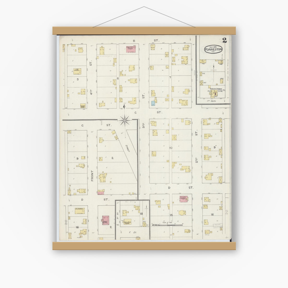 Old map wall art mockup — magnetic wood frame on white wall — Sanborn Fire Insurance Map from Forreston, Ogle County, Illinois (1893), Sheet #0002