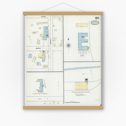 Old map wall art mockup — magnetic wood frame on white wall — Sanborn Fire Insurance Map from Joliet, Will County, Illinois (1891), Sheet #0028