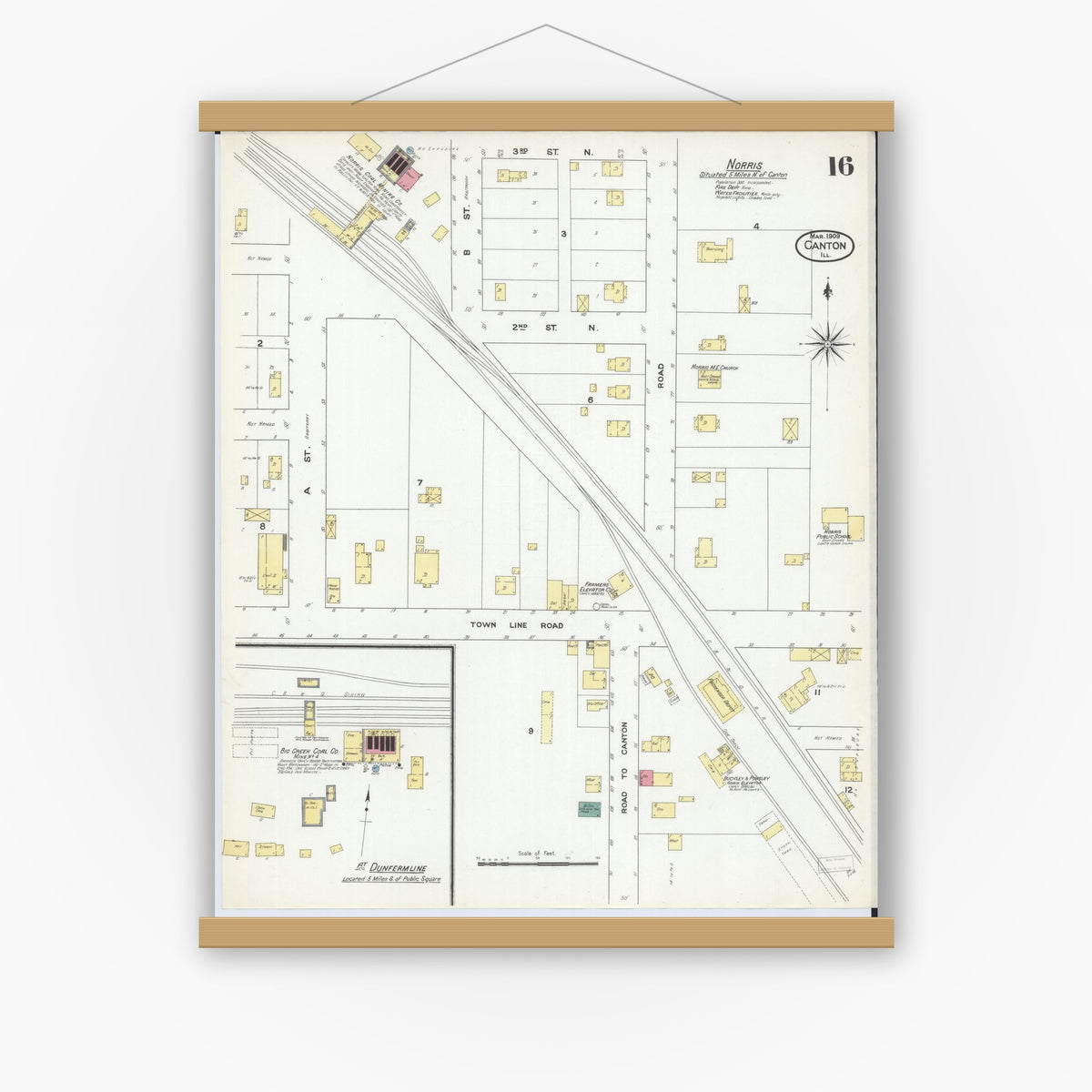 Old map wall art mockup — magnetic wood frame on white wall — Sanborn Fire Insurance Map from Canton, Fulton County, Illinois (1909), Sheet #0016