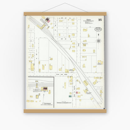 Old map wall art mockup — magnetic wood frame on white wall — Sanborn Fire Insurance Map from Canton, Fulton County, Illinois (1909), Sheet #0016