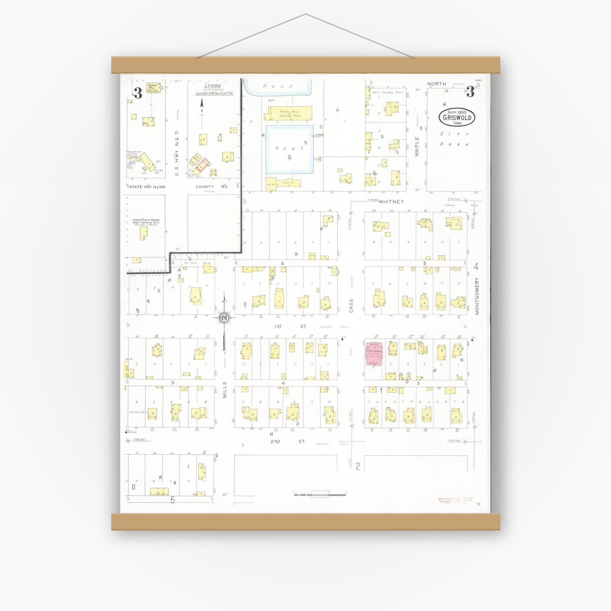 Old map wall art mockup — magnetic wood frame on white wall — Sanborn Fire Insurance Map from Griswold, Cass County, Iowa (1930), Sheet #0003