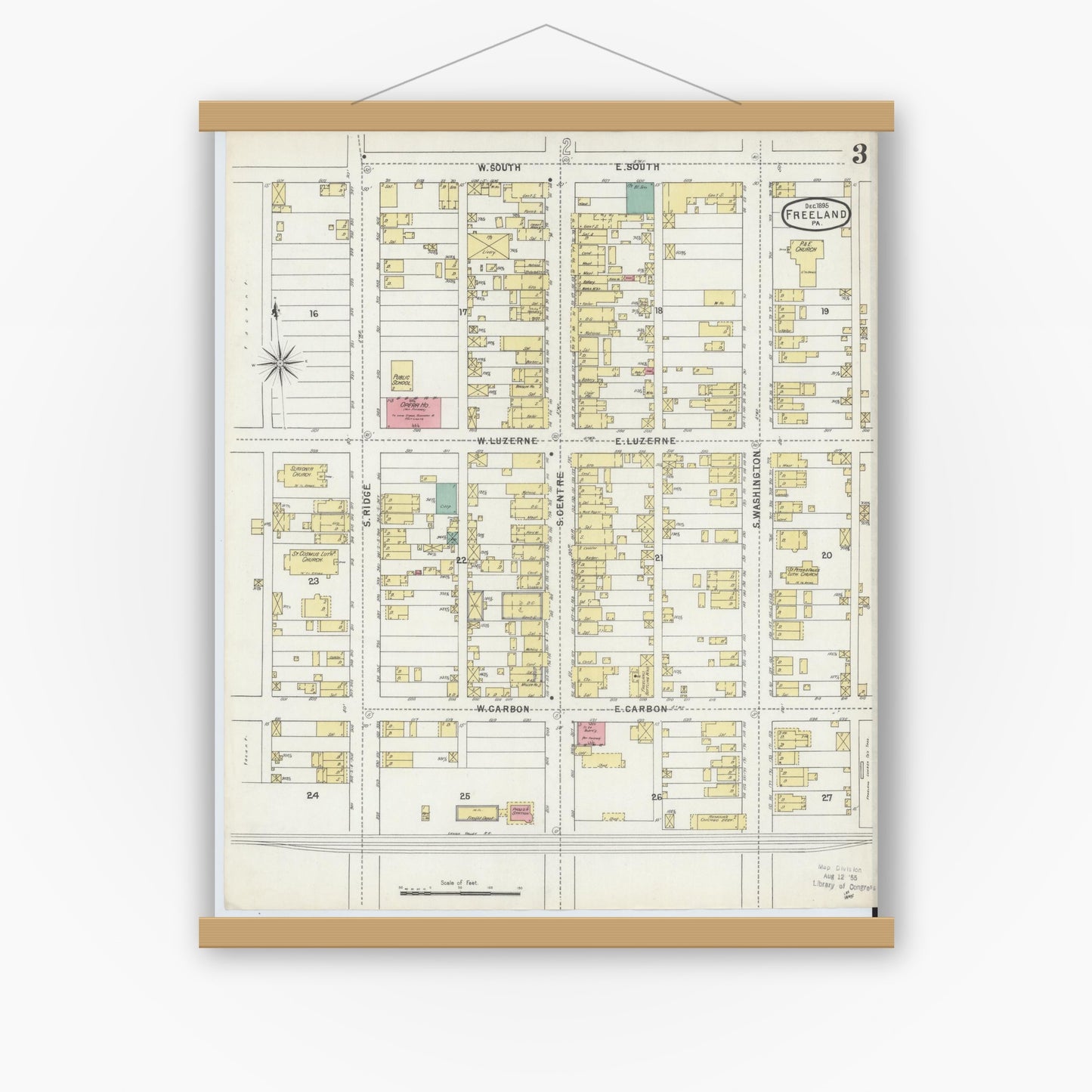 Old map wall art mockup — magnetic wood frame on white wall — Sanborn Fire Insurance Map from Freeland, Luzerne County, Pennsylvania (1895), Sheet #0003