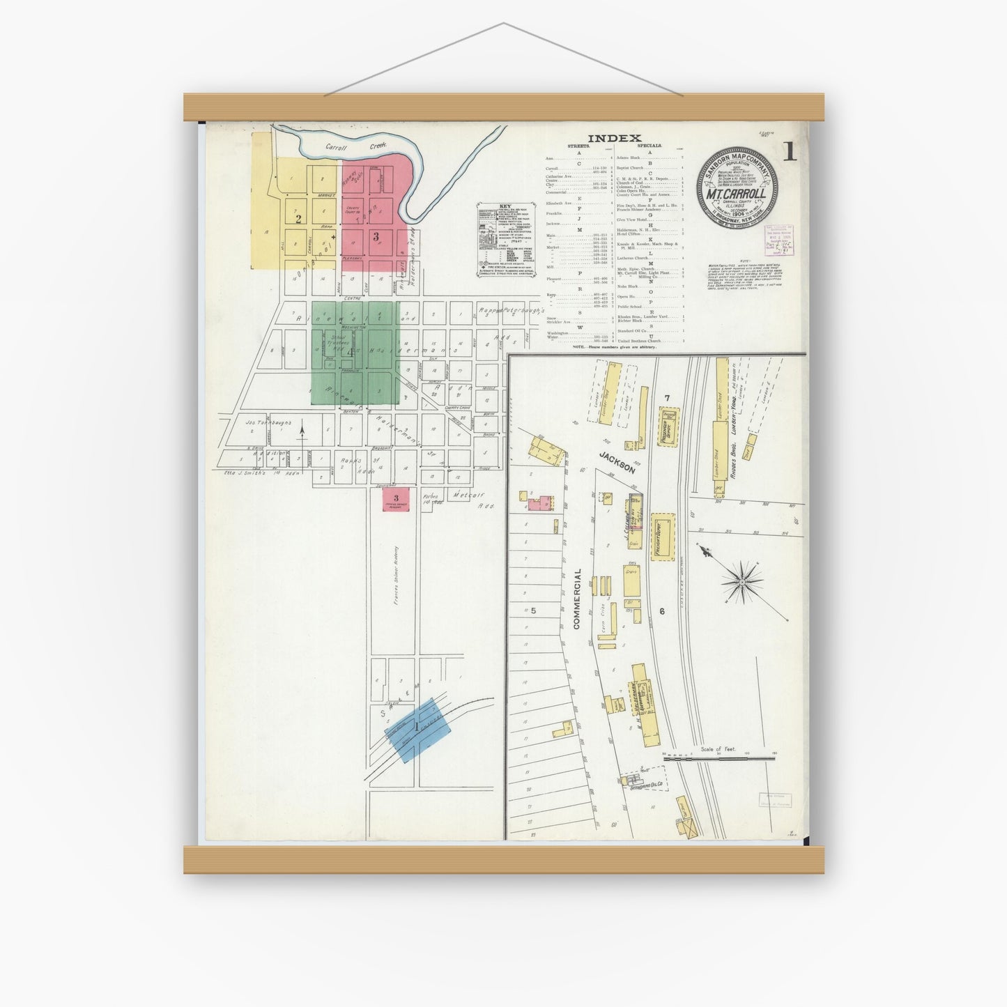 Old map wall art mockup — magnetic wood frame on white wall — Sanborn Fire Insurance Map from Mount Carroll, Carroll County, Illinois (1904), Sheet #0001