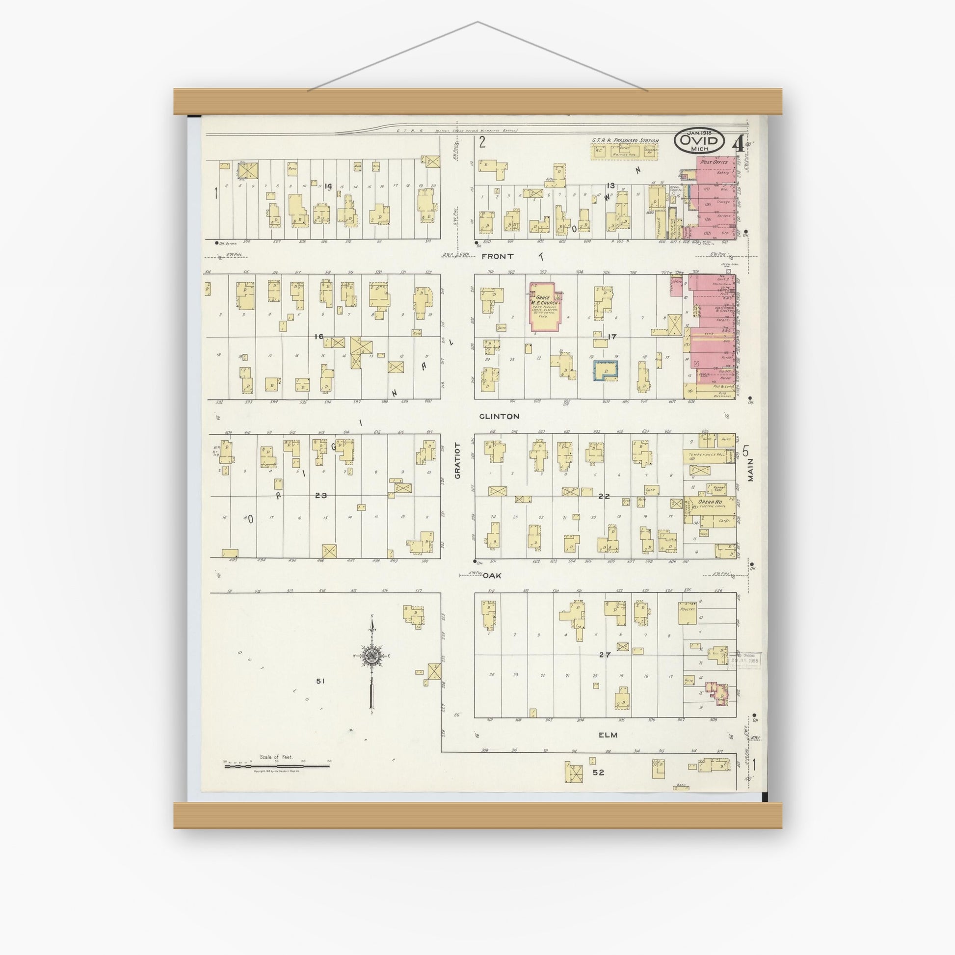 Old map wall art mockup — magnetic wood frame on white wall — Sanborn Fire Insurance Map from Ovid, Clinton County, Michigan (1918), Sheet #0004