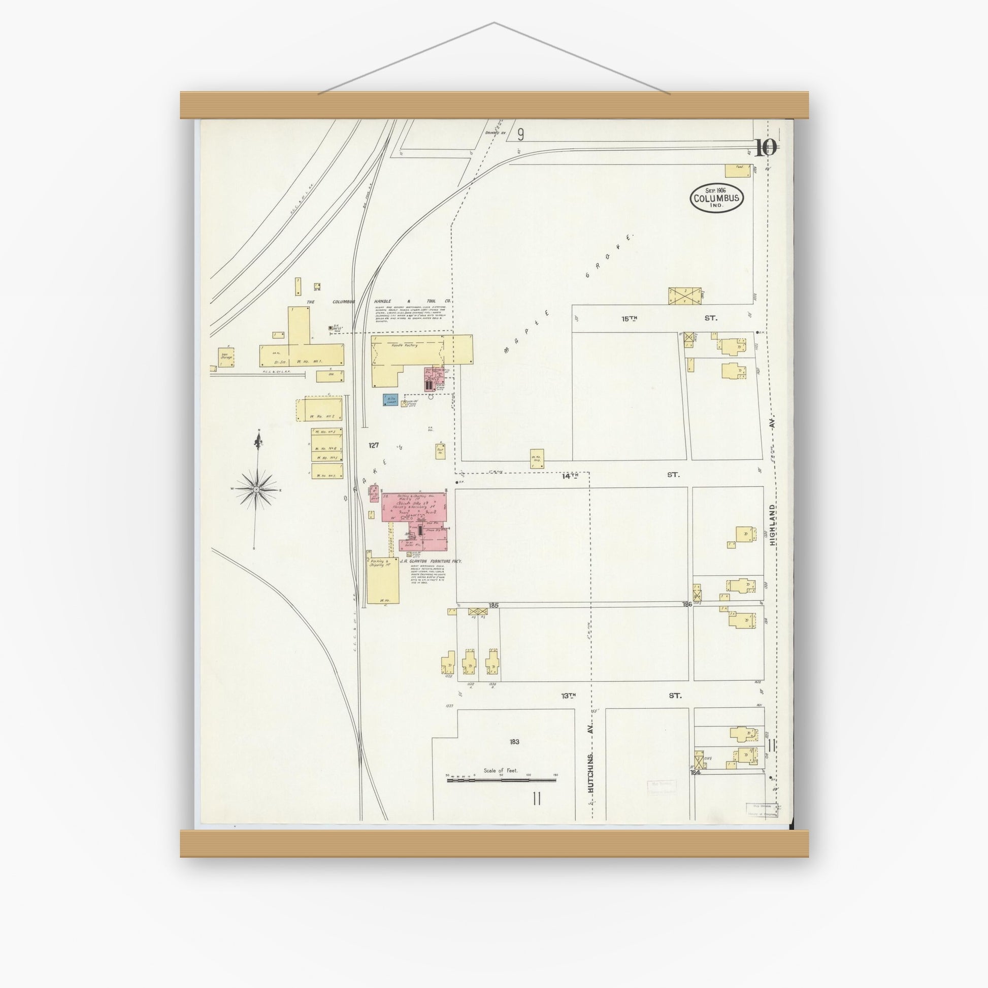 Old map wall art mockup — magnetic wood frame on white wall — Sanborn Fire Insurance Map from Columbus, Bartholomew County, Indiana (1906), Sheet #0010
