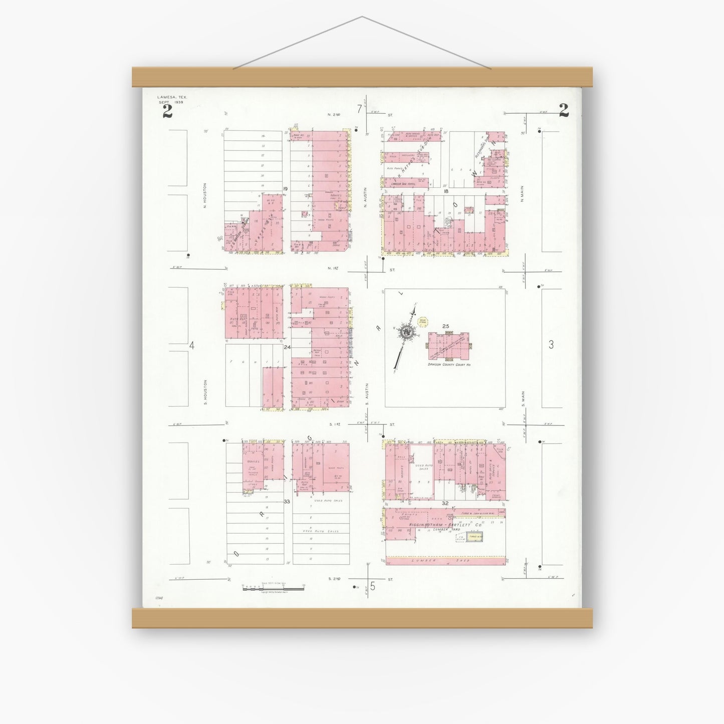 Old map wall art mockup — magnetic wood frame on white wall — Sanborn Fire Insurance Map from Lamesa, Dawson County, Texas (1939), Sheet #0002