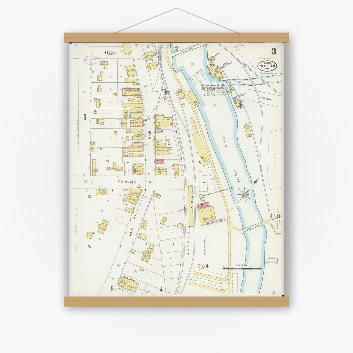 Old map wall art mockup — magnetic wood frame on white wall — Sanborn Fire Insurance Map from Necedah, Juneau County, Wisconsin (1898), Sheet #0003
