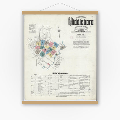 Old map wall art mockup — magnetic wood frame on white wall — Sanborn Fire Insurance Map from Middleboro, Plymouth County, Massachusetts (1912) - Complete Map Set