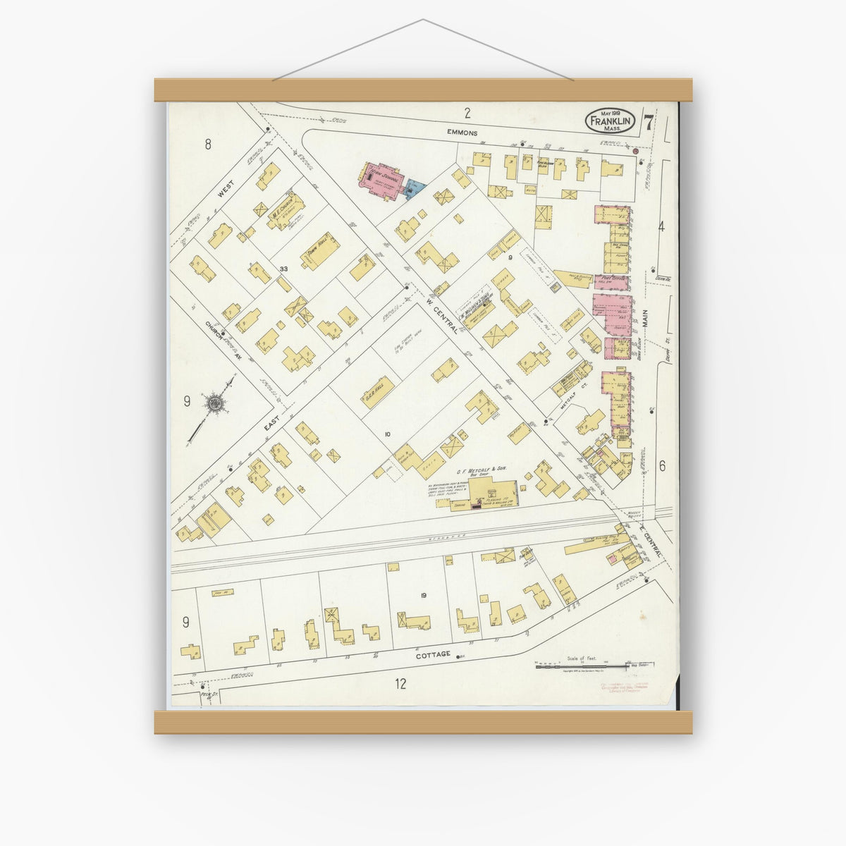 Old map wall art mockup — magnetic wood frame on white wall — Sanborn Fire Insurance Map from Franklin, Norfolk County, Massachusetts (1919), Sheet #0007