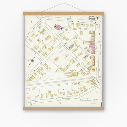 Old map wall art mockup — magnetic wood frame on white wall — Sanborn Fire Insurance Map from Franklin, Norfolk County, Massachusetts (1919), Sheet #0007