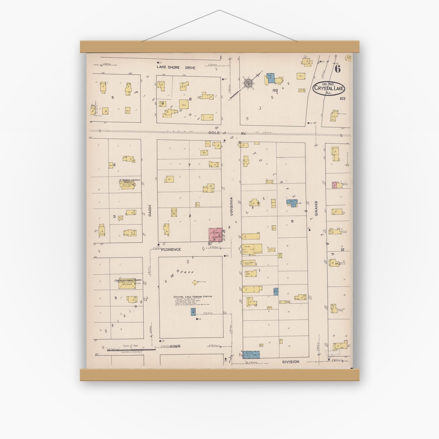 Old map wall art mockup — magnetic wood frame on white wall — Sanborn Fire Insurance Map from Crystal Lake, McHenry County, Illinois (1921), Sheet #0006