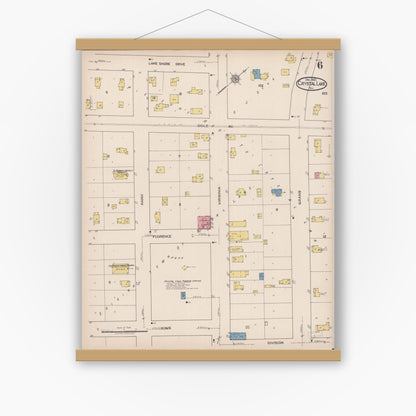 Old map wall art mockup — magnetic wood frame on white wall — Sanborn Fire Insurance Map from Crystal Lake, McHenry County, Illinois (1921), Sheet #0006