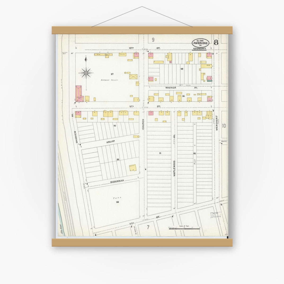 Old map wall art mockup — magnetic wood frame on white wall — Sanborn Fire Insurance Map from Ambridge, Beaver County, Pennsylvania (1905), Sheet #0008