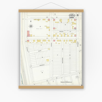 Old map wall art mockup — magnetic wood frame on white wall — Sanborn Fire Insurance Map from Ambridge, Beaver County, Pennsylvania (1905), Sheet #0008
