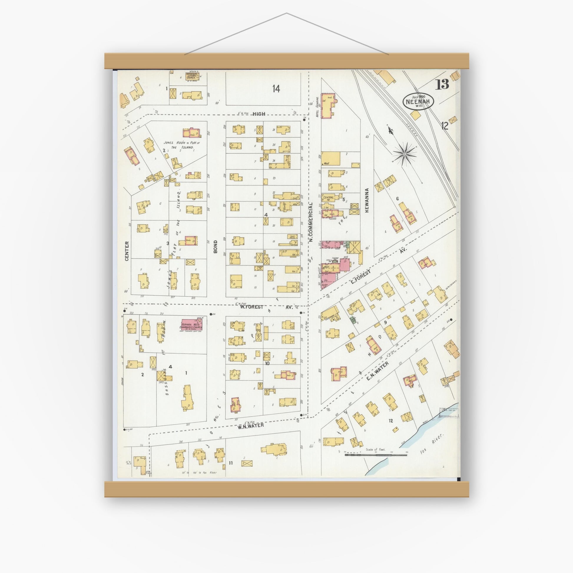 Old map wall art mockup — magnetic wood frame on white wall — Sanborn Fire Insurance Map from Neenah, Winnebago County, Wisconsin (1900), Sheet #0013